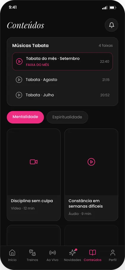 Tela de conteúdos do app