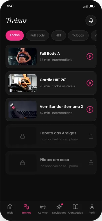 Tela de treinos do app